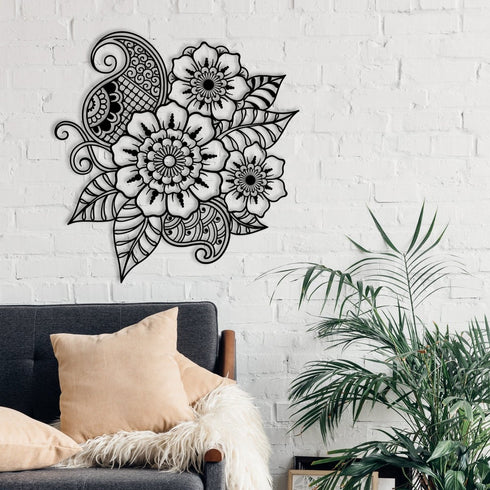 Flower Metal Wall Art Sagaai Indie Mandala Boho Spiritual Art Blooming Floral Monochrome Simplistic Meditation Room Decoration