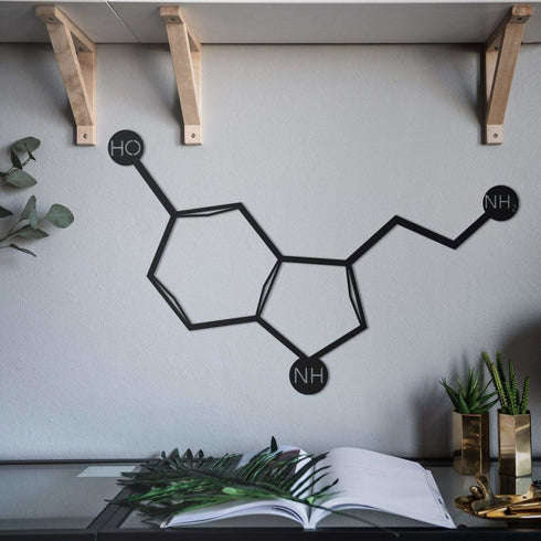 Serotonin Metal Wall Art Science Chemistry Happy Molecule Happiness Sign Biology Lab Art Minimal Monochrome Décor Scientist Gift